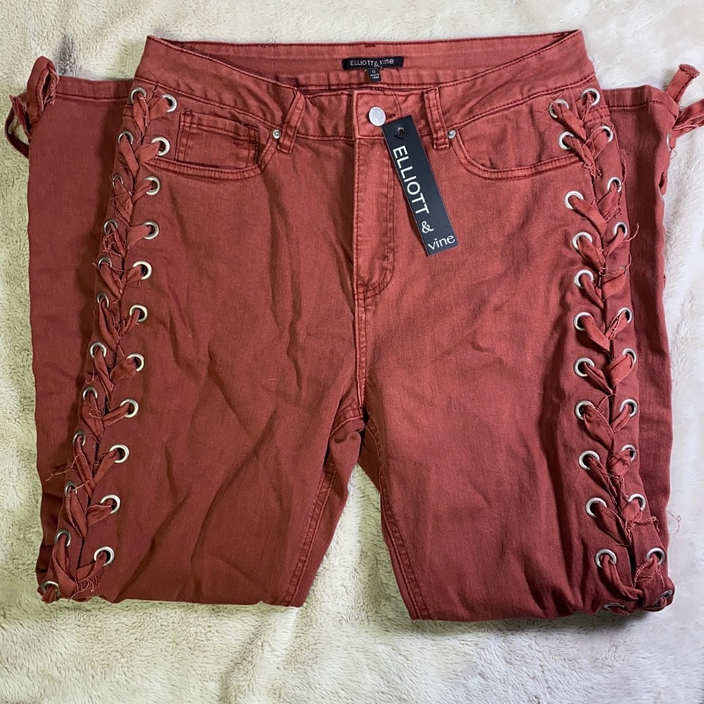 Elliott and Vine Side Lace Up Maroon Jeans